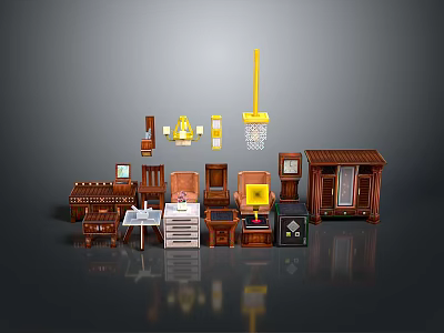 Classic Wooden Furniture Collection Including Tables Chairs Cabinets And Lighting Fixtures 3d model