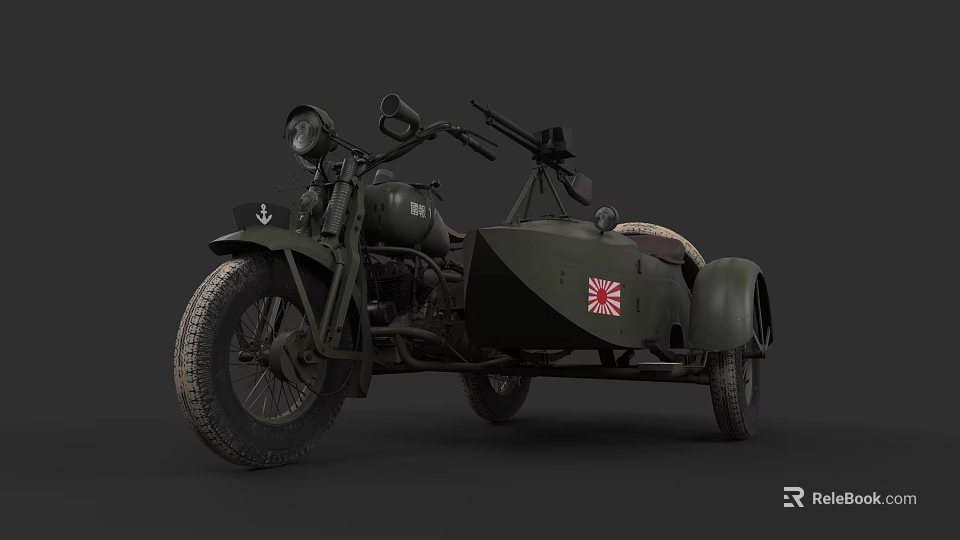 Vintage Military Green Motorcycle With Sidecar And Red Emblem Design 3d model 