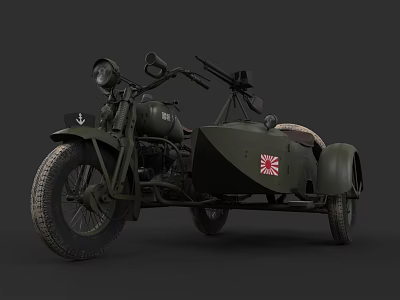 Vintage Military Green Motorcycle With Sidecar And Red Emblem Design 3d model