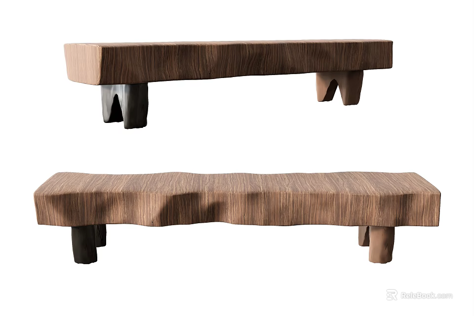 Wooden Public Bench With Natural Texture And Simple Design Black Brown Legs 3d model 