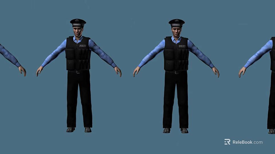 Tech Exhibition Hall Showcasing Police Model Displays With Blue Shirts Black Vests And Uniforms 3d model 