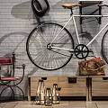 Wooden Entryway Console Table With Bicycle Hat Helmet Brown Bag And Red Chair
