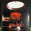 Elegant Modern Luxury Hotel Lobby Interior With Chandelier Red Plant And Artwork