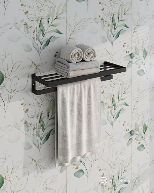 Modern Black Towel Rack With Rolled And Folded Towels On Green Leaf Pattern Wallpaper 3d model 