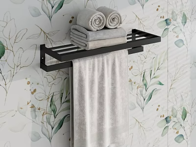 Modern Black Towel Rack With Rolled And Folded Towels On Green Leaf Pattern Wallpaper 3d model