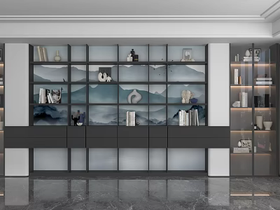 Modern Storage Cabinet Shelf With Glass Doors Wooden Frame And Decorative Books 3d model