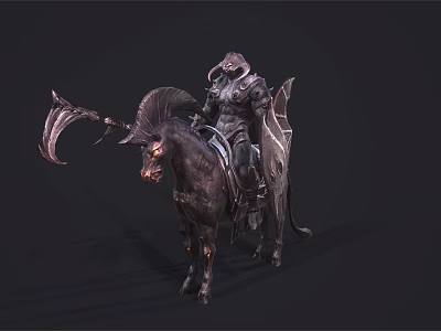Dark Fantasy Game Character Mounted On Black Horned Horse With Armored Body Wings And Scythe 3d model