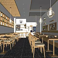 Modern Restaurant Interior With Open Layout Wooden Tables Chairs And Pendant Lights Design