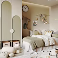 Kids Bedroom Interior Design With Cozy Curved Bed Stuffed Toys Toy Car And Storage Boxes