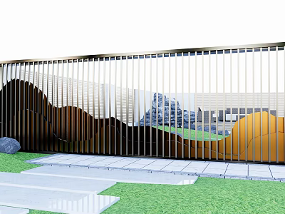Modern Garden Fence Design With Vertical Metal Slats Backdrop Of Hills Buildings Grass Stone Pathway 3d model