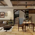 Cozy Dining and Living Room Interior With Wooden Table Tableware Vase Framed Pictures And Staircase