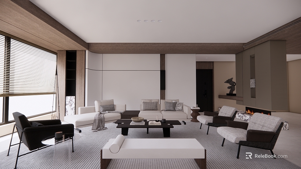 Modern Living Room with Neutral Tones Sofa Coffee Table Fireplace and Blinds 3d model 