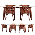 Modern Rattan Dining Table Set With Six Wicker Chairs And Marble Tabletop 3d model