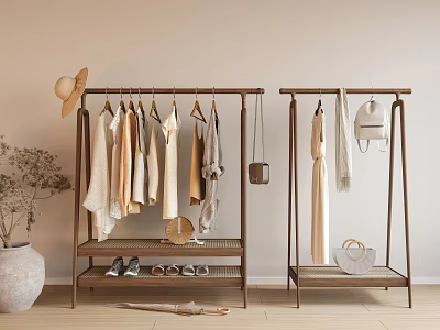 Minimalist Modern Wooden Clothing Racks With Clothes And Accessories 3d model