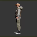 A Man Wearing Brown Vest Gray Hoodie Khaki Pants Sneakers And Orange Cap With Glasses