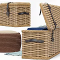 Wicker Storage Chests Open with Folded Colorful Fabrics and Woven Cushion Stool