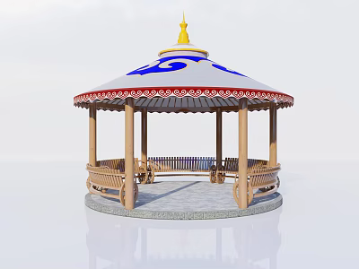 Traditional Pavilion With Yellow Spire White Canopy Blue Patterns And Wooden Benches 3d model