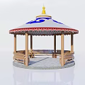 Traditional Pavilion With Yellow Spire White Canopy Blue Patterns And Wooden Benches