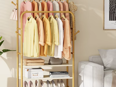 Golden Clothes Rack with Hanging Garments Folded Towels Shoes Storage Boxes and Books 3d model