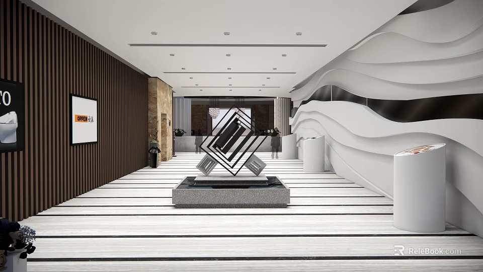 Modern Reception Desk In Lobby With Sculpture Lighting Wall Design And Marble Floor 3d model 