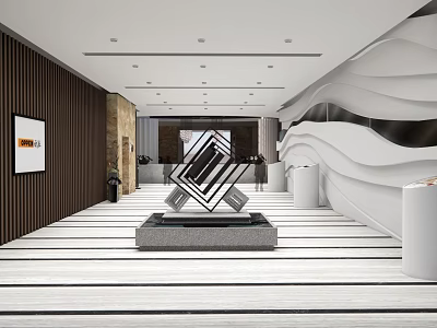 Modern Reception Desk In Lobby With Sculpture Lighting Wall Design And Marble Floor 3d model