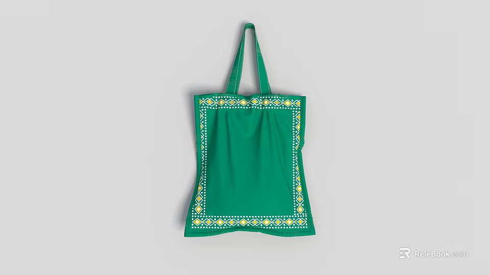 Green Tote Bag With Decorative Yellow And White Patterns On Edges 3d model 