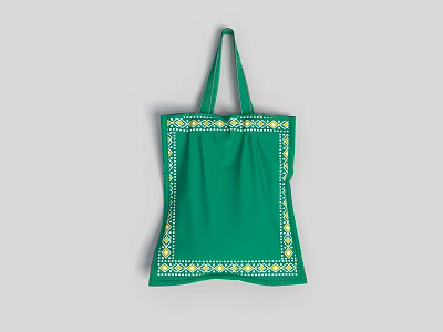 Green Tote Bag With Decorative Yellow And White Patterns On Edges 3d model