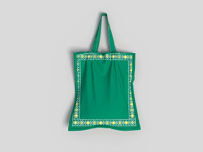 Green Tote Bag With Decorative Yellow And White Patterns On Edges 3d model