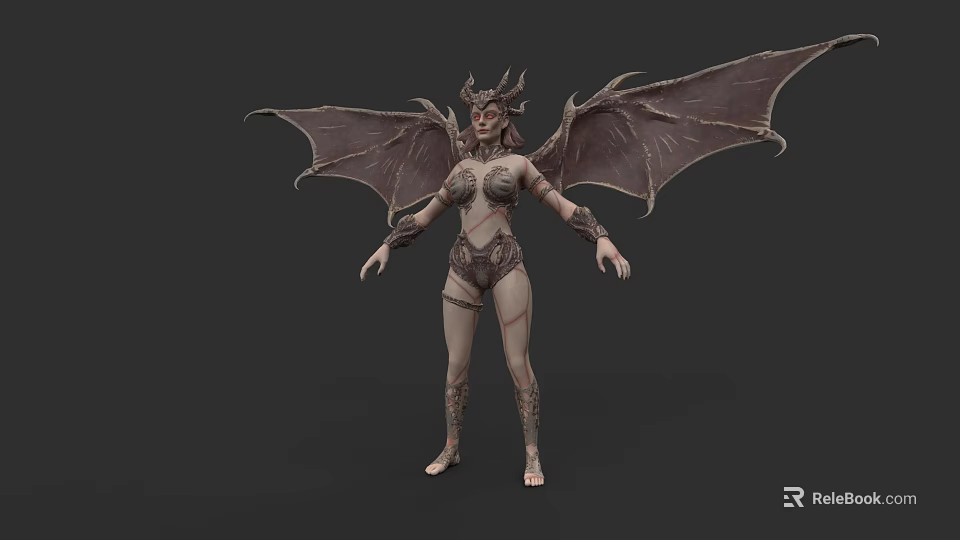 Woman With Bat Wings And Horns In Ornate Outfit With Body Markings 3d model 