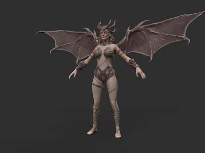 Woman With Bat Wings And Horns In Ornate Outfit With Body Markings 3d model