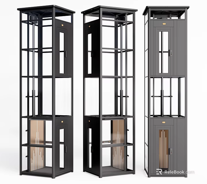 Sleek Modern Elevator Design With Black Metal Frame Glass Doors And Wooden Interior 3d model 