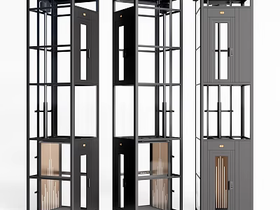Sleek Modern Elevator Design With Black Metal Frame Glass Doors And Wooden Interior 3d model