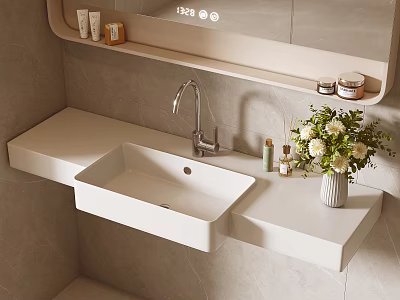 Modern White Wall Mounted Washbasin With Stylish Mirror And White Flowers 3d model
