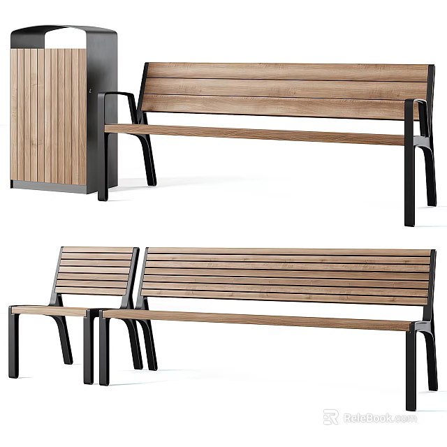 Stylish Durable Outdoor Bench with Wooden Seat and Backrest Black Metal Legs for Garden Park 3d model 