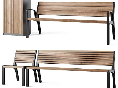 Stylish Durable Outdoor Bench with Wooden Seat and Backrest Black Metal Legs for Garden Park 3d model