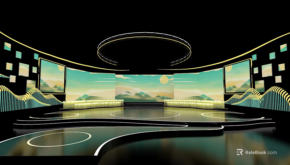 Modern Stage Interior With Circular Ring Large Screens And Landscape Art 3d model 