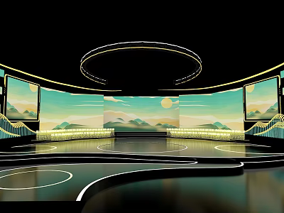 Modern Stage Interior With Circular Ring Large Screens And Landscape Art 3d model
