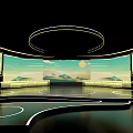 Modern Stage Interior With Circular Ring Large Screens And Landscape Art