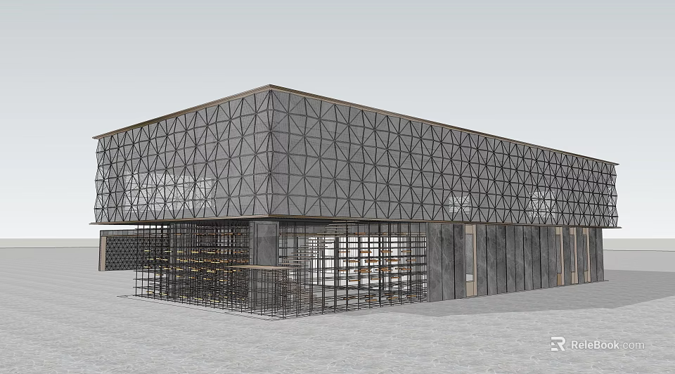 Cultural Center Building With Geometric Facade Glass Windows And Metal Frame Design 3d model 