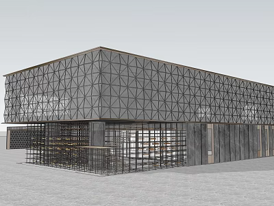Cultural Center Building With Geometric Facade Glass Windows And Metal Frame Design 3d model