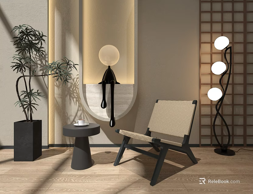 Modern Single Sofa Interior Design With Potted Plant Side Table And Floor Lamp 3d model 