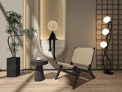 Modern Single Sofa Interior Design With Potted Plant Side Table And Floor Lamp 3d model