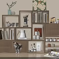 Multi Tiered Wooden Bookshelf With Books Coffee Maker Kettle Cups Floral Painting Plant Cat Magazine