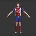 3D Rendered Male Soccer Character In Red Blue Uniform Standing With Arms Outstretched