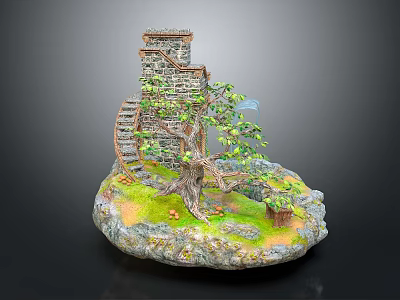 Cartoon Scene With Stone Tower Spiral Staircase Big Tree Green Grass And Colorful Mushrooms 3d model