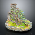 Cartoon Scene With Stone Tower Spiral Staircase Big Tree Green Grass And Colorful Mushrooms