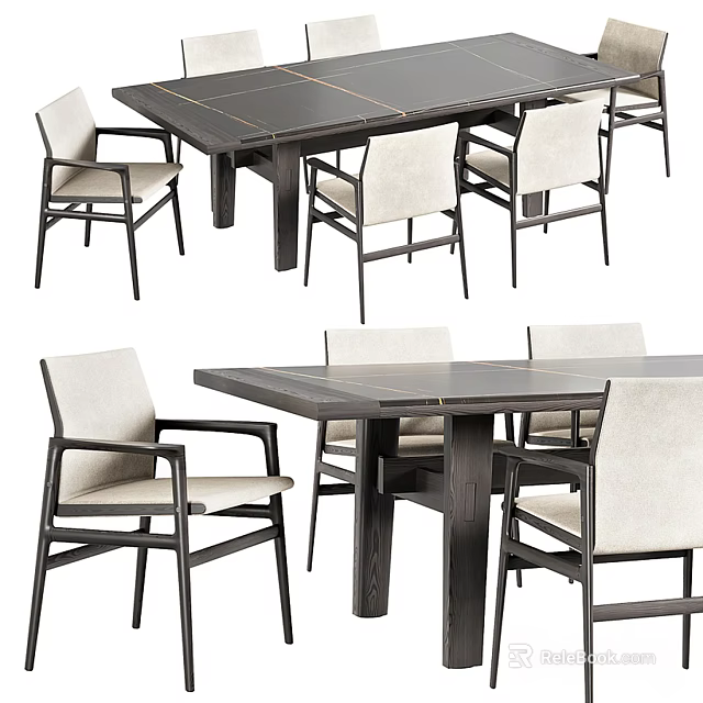 Modern Rectangular Dining Table Set With Upholstered Chairs And Dark Wooden Frame 3d model