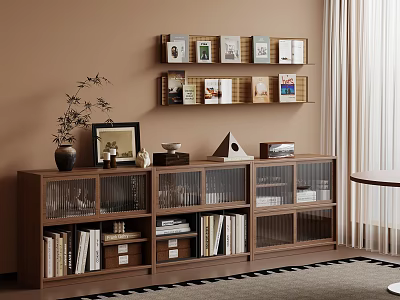 Modern Wooden Bookshelf Storage System In Interior With Glass Doors And Decorative Items 3d model