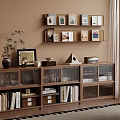 Modern Wooden Bookshelf Storage System In Interior With Glass Doors And Decorative Items