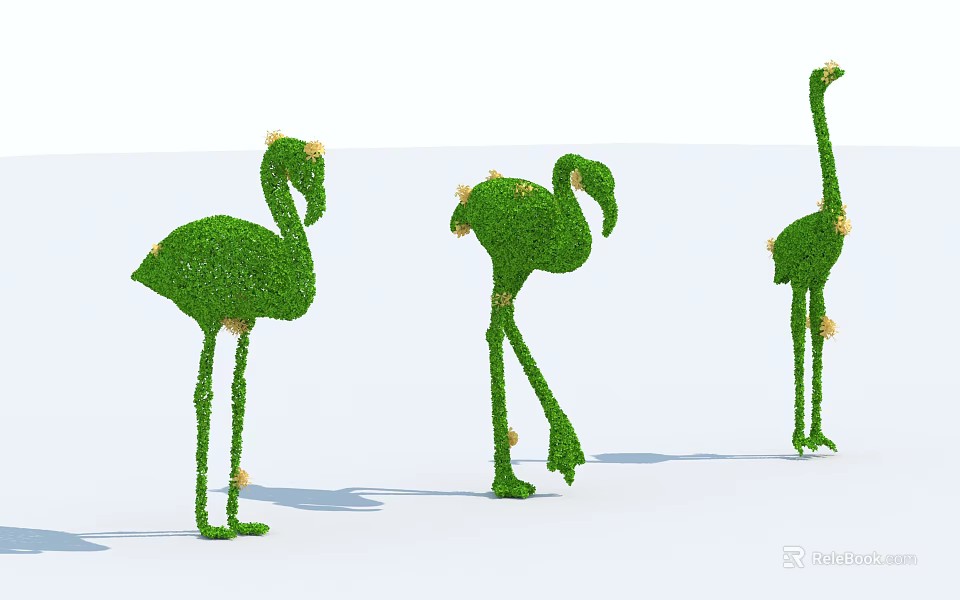 Three Flamingo Shaped Topiary Shrubs With Yellow Flowers In Different Poses 3d model 
